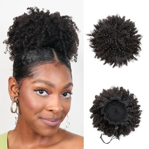 EonLuxe 04/10 Inch Dark Brown Afro Puff Drawstring Ponytail Extension for Black Women, Kinky Curly Synthetic Hair, Fluffy Protective Style