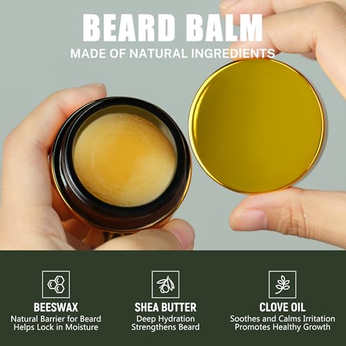 Beard Grooming Kit for Black Men, Beard Care Kit for Black Men w/Oil, Balm, Brush, Comb and Scissors, Valentines Birthday Gifts for Dad Husband Boyfriend