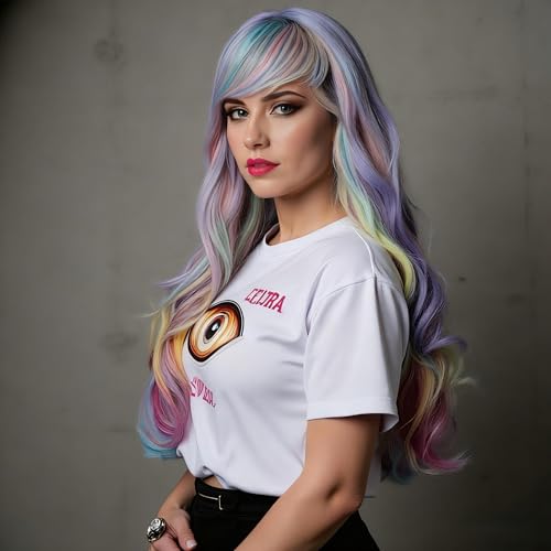 Rainbow Colorful Wavy Wig for Women 26 Inch Synthetic Cosplay & Party Hair