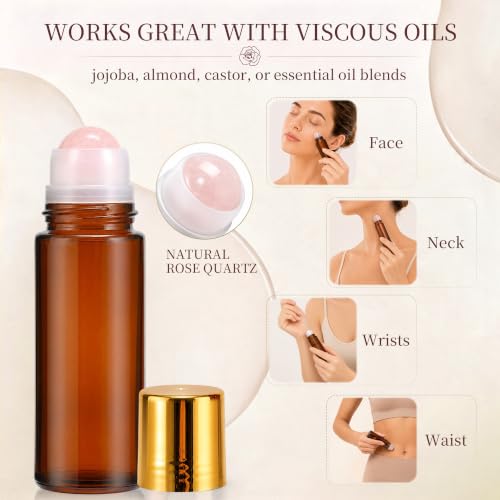 Rose Quartz Roller Bottle 50ml - Refillable Amber Glass Roll-On with Gold Cap (Pink+Purple)