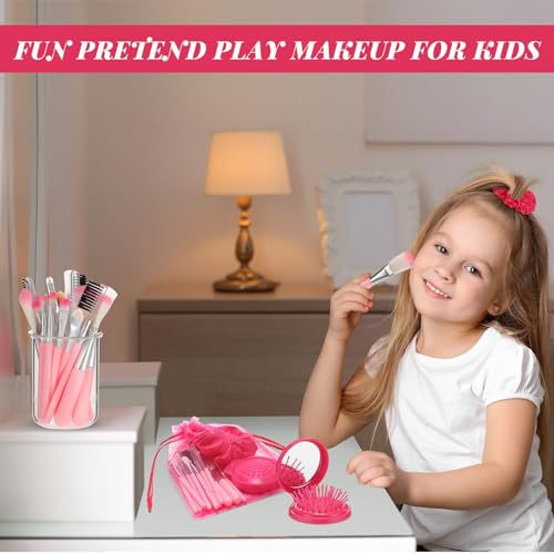 Pink Girl Party Favors Girl Makeup Party Favor Party Supplies Set Includes Pink Gauze Bags, Hair Scrunchies, Foldable Mirror Hair Brushes, Makeup Brushes Toys(96 Pcs)