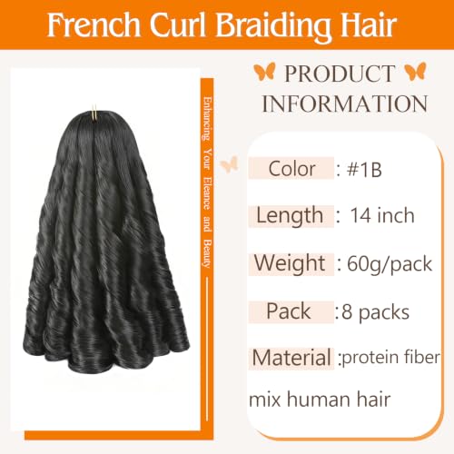 French Curl Braiding Hair Extensions 8 Packs - #1B / 14 Inch - Natural Soft Curl Style for Black Women