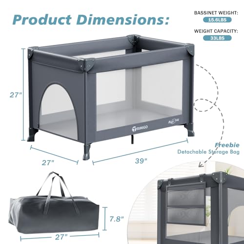 Grey Portable Baby Playard & Travel Crib with Mattress - Foldable, Lightweight & Safe