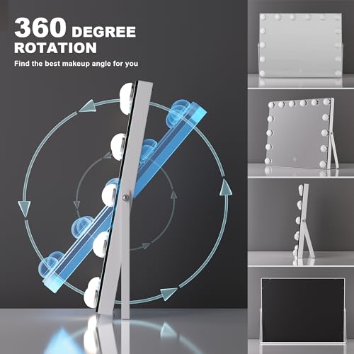 Hasipu Vanity Mirror with Lights, 17.7" x 13.8" Hollywood Mirror, Makeup Mirror with 14 Dimmable Bulbs and 10X Magnification, 3 Colors Modes, Touch Control, 360¡Æ Rotation, White