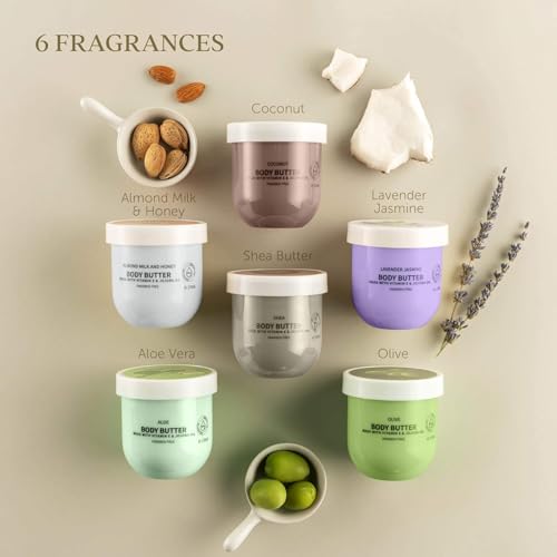 6-Piece Body Butter Gift Set with Shea, Jojoba, Vitamin E | Moisturizing Body Creams for Women