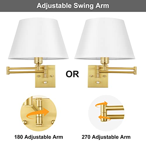 Gold Dimmable Wall Sconce Set of 2 - Large Swing Arm Wall Lights with Plug-In Cord