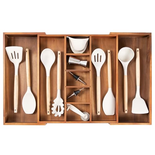 KitchenEdge Expandable Acacia Drawer Organizer - Natural, Fits 16-28 Inch Wide Drawers