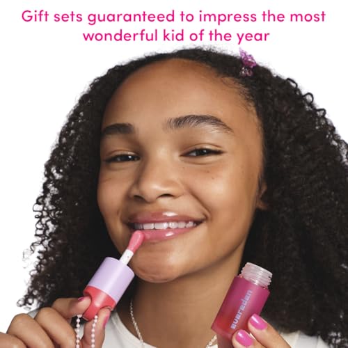 Evereden Kids Tinted Non Toxic Lip Gloss Kit: Ruby Red & Sakura Pink, Non Toxic and Vegan Makeup for Kids - Hydrating Lip Gloss with Sunflower, Avocado, Grapeseed Oils - Gift Set with a Box