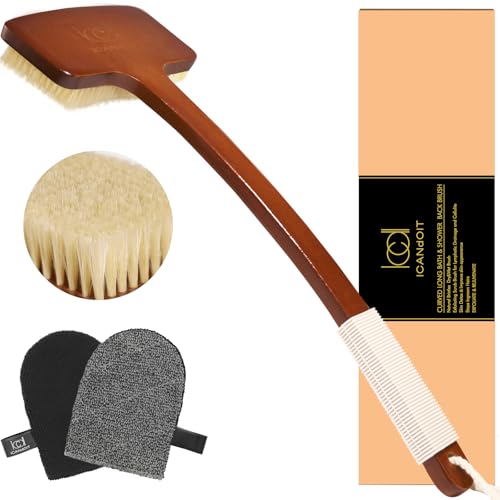 ICANdOIT Natural Boar Bristle Back Scrubber Bath Brush Set with Exfoliating Glove & Curved Bamboo Handle