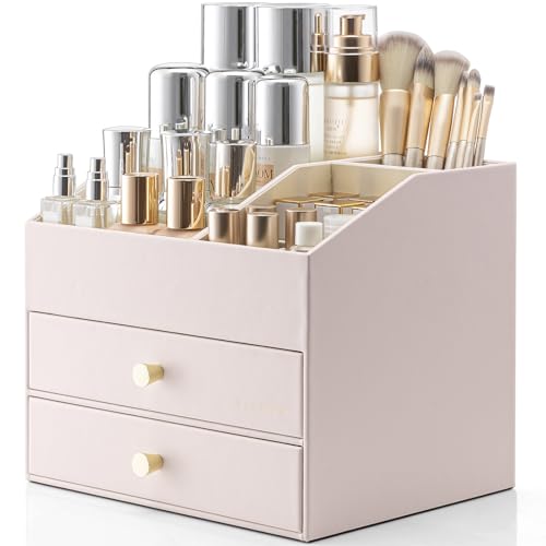 Vlando Makeup Organizer,Skincare Organizer for Vanity£¬PU Leather Make up Organizer with Drawers Cosmetic Display Case for Countertop,Perfume,Gifts Ideas for Women (Apricot White)