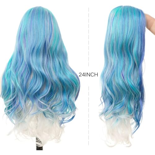 Blue Mermaid Lace Front Wig for Women - Curly Wavy Synthetic Cosplay Hair - Variation: Blue#2