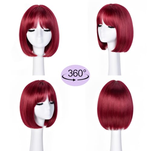 Red Short Bob Wig with Bangs - 12 Inch Synthetic Wig for Women & Girls - CURLCRAZY