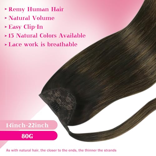 Dark Brown Balayage 16-Inch Human Hair Ponytail Extension - Wrap Around Clip-In for Women - Ve Sunny Variation 1-4 #2/6/2