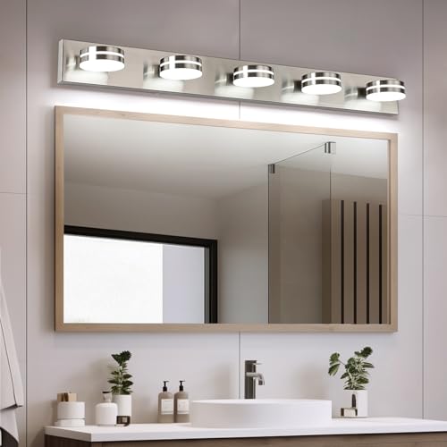 Bicrink 5-Light Dimmable Brushed Nickel Vanity Light Over Mirror, 40in, 350° Rotating Heads