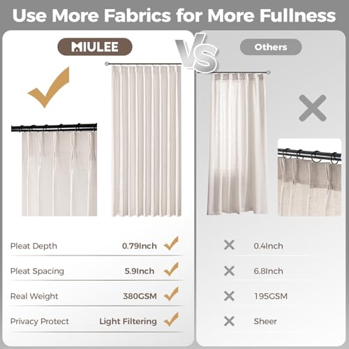 MIULEE 102-Inch Natural Linen Curtains 2 Panels, Thick Pleated Drapes, 40"W x 102"L