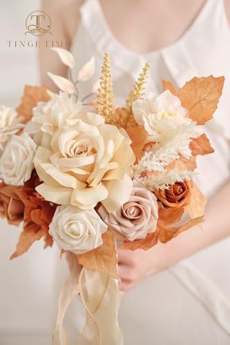 7-Inch Wedding Bouquets for Bridesmaid Set with Burnt Orange & Champagne Ribbons