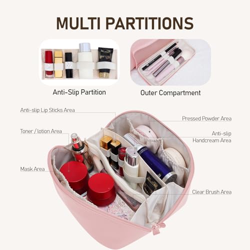 Large Capacity Cosmetic Bag for Women, Waterproof PU Leather Makeup Bag for Travel,Toiletry Bag Make up Organizer with Divider and Handle (Pink)