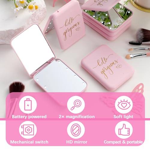 6 Pcs Hello Gorgeous Compact Mirror Pink 1x/2x Magnification Makeup Mirror Pocket with LED Light for Purse, Travel, Gorgeous Gift for Woman Mother Nurse Bridesmaid Sleepover Spa Party