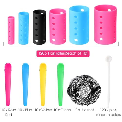 Plastic Hair Curlers Set with Pins Clips & Hair Nets - Multiple Sizes