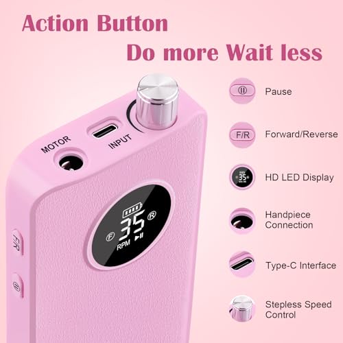 Cordless Professional Nail Drill Kit - Pink, 35000RPM, Rechargeable Efile for Acrylic & Gel Nails