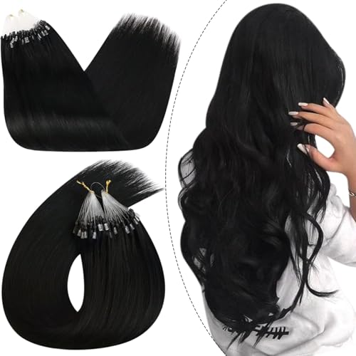 Jet Black Micro Link Hair Extensions 18 Inch 50G 50S - Natural Black, Invisible Wire, Human Hair