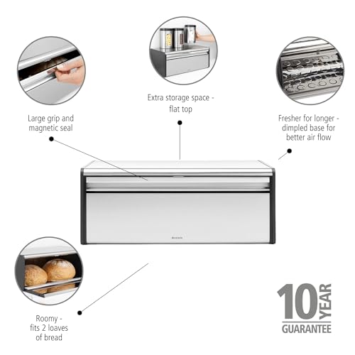 Brabantia Matte Steel Rectangular Fall Front Bread Box for Kitchen Countertop, Holds 2 Loaves