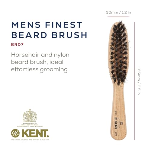 Kent BRD7 Horsehair and Nylon Blend Soft Beard Brush for Men for Flawless Shaping and Grooming, Ergonomic Grip Beechwood Handle, for Mustache and Beards, Distributes Oils and Balms. Made in England