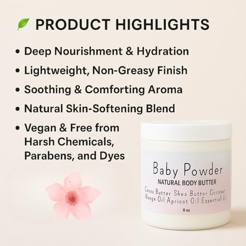 Baby Powder Creamy Whipped Body Butter Nourishing Shea Butter, Cocoa Butter, Coconut Oil, Essential Oils Moisturizer for Body, Feet & Hands Soothes and Softens
