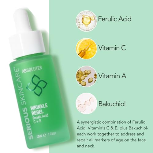 Serious Skincare Vitamin C Face Serum with Ferulic Acid, Bakuchiol, Vitamin E, B5, Absolutes Wrinkle Rebel Anti-Aging Face Serum for Fine Lines, Wrinkles and Dark Spots, 1 oz.