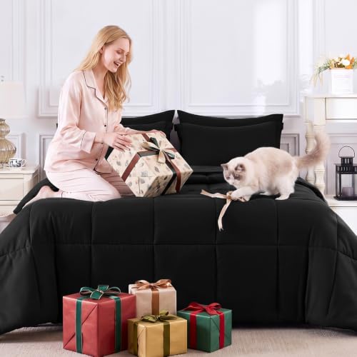 Oversized King Comforter Set - Black 7-Piece Bed in a Bag, CozyLux