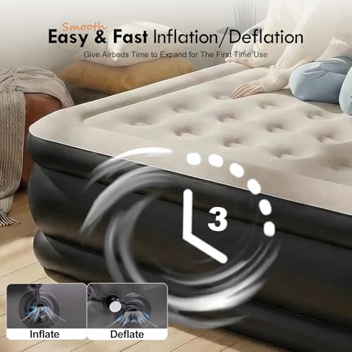 Queen Air Mattress with Headboard and Pump - Inflatable Bed with Pillows