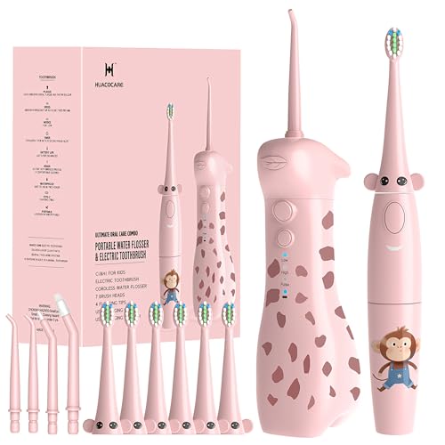 Pink Kids Water Flosser & Electric Toothbrush Combo for Ages 6-12 - Braces-Friendly Giraffe & Monkey Design