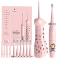 Pink Kids Water Flosser & Electric Toothbrush Combo for Ages 6-12 - Braces-Friendly Giraffe & Monkey Design