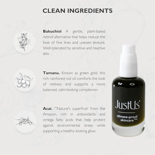 JustUs Skincare - Calming Recovery Oil Serum - Comforts the Look of Redness + Dryness | For Red, Dry, Irritated Skin | Skin Barrier Support | Bakuchiol, Tamanu + Andiroba | 30ml