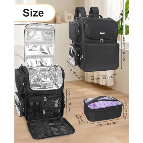 Relavel Hair Tools Travel Bag Hair Stylist Backpack Hairdresser Cosmetology Bag, Heat Insulation Full Layer for Curling Iron, Hair Straightener, Travel Accessories Train Case Barber Organizer, Black