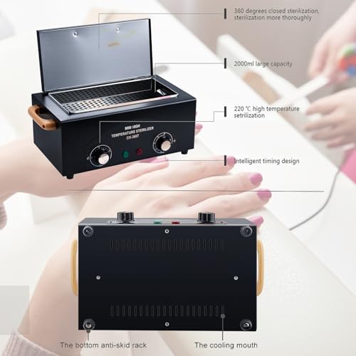 High Temperature Cleaning Box 300W 1.5L with Timer Dry Heat Sterilizer Cabinet Equipment with Stainless Tray For Nail Tool Spa Pedicure Hairdressing Metal Tools with Handle (Black#2)