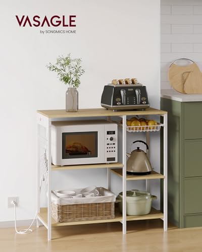 VASAGLE Kitchen Baker’s Rack with Power Outlet, Oak Beige & Ink Black Steel Frame & Wire Basket
