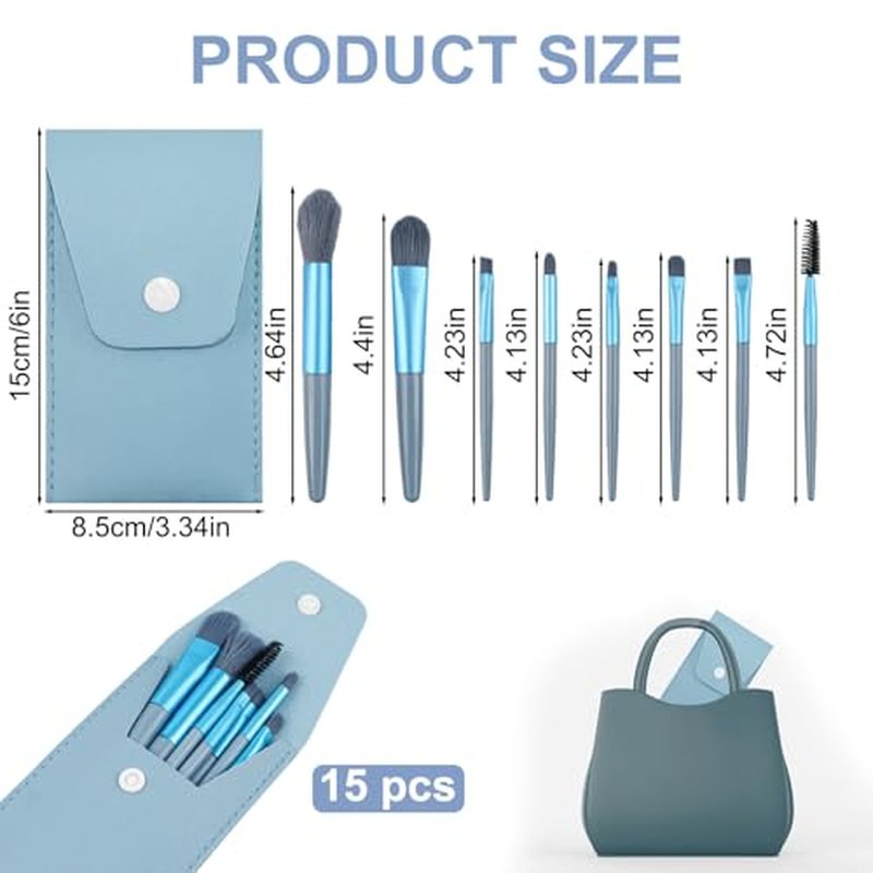 15 Sets Travel Size Makeup Brushes Set Mini Face Make up Brushes Brushes Bag for Makeup Party Favors Wedding Bridal Shower Favors Bridesmaid Gift Bachelorette Party Gift (Light Blue, 15pc)