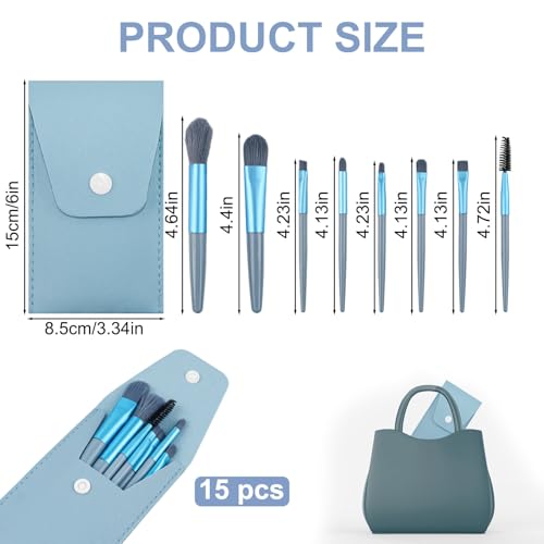 Light Blue 15-Piece Travel Makeup Brush Set - Compact & Portable Girl Gift