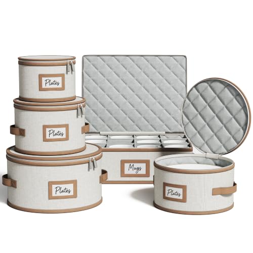Beige Hard Shell China Storage Containers Set - 5 Pieces with Leather Trim - Variation of Beige / 5 Piece China Storage Set