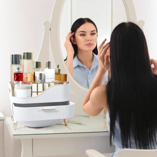 Makeup Organizer for Vanity, Large Capacity Skincare Cosmetic Organizer Countertop with 2 Drawers, Cosmetic Display Cases Makeup Storage Box for Bedroom, Bathroom, Ideal Gifts for Women(White)