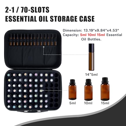 Essential Oil Storage Carrying Case, 70 Bottles Essential Oils Box for 5ml 10ml 15ml Roller Bottles Travel Storage Organizer Bag for doTERRA & Young Living (Black)
