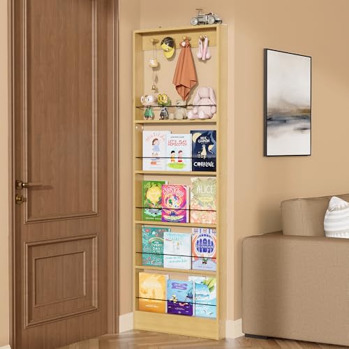 Kids Wooden Behind Door Bookshelf - 5-Tier Oak Storage with Hooks 23.6''L