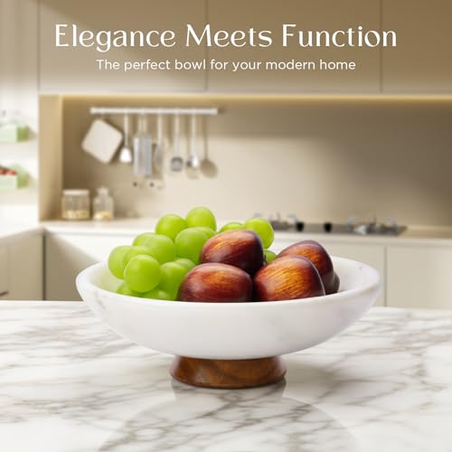 White Marble Fruit Bowl with Acacia Wood Pedestal - Large Decorative Kitchen Counter Centerpiece - 11 Inch