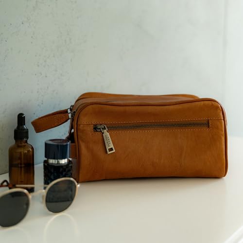 BERLINER BAGS Vintage Genuine Leather Toiletry Bag Tim M, Large Capacity Cosmetics Bag for Men and Women for Travel - Brown