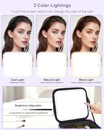 Relavel Personalized Initial Makeup Bag with LED Mirror - Purple, Monogram Cosmetic Train Case for Women & Girls - Variation C