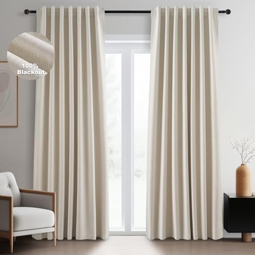 Beige Blackout Curtain Set 52W x 96L - Pack of 2, Floor to Ceiling, Insulated Boho Linen Look