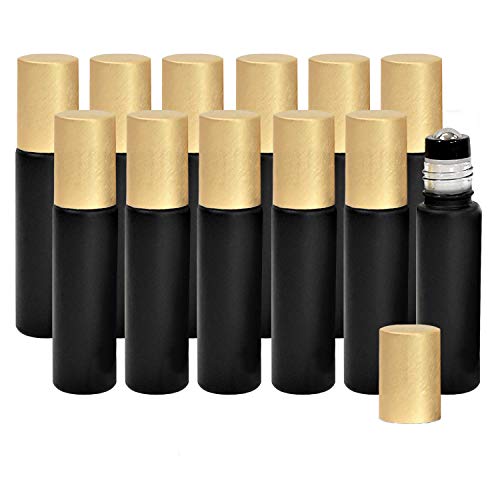 12-Pack 10ml Black Glass Roller Bottles with Brushed Gold Leakproof Caps – Premium Empty Roll-On Bottles for Essential Oils, Perfumes, Serums, DIY Aromatherapy & Beauty Products