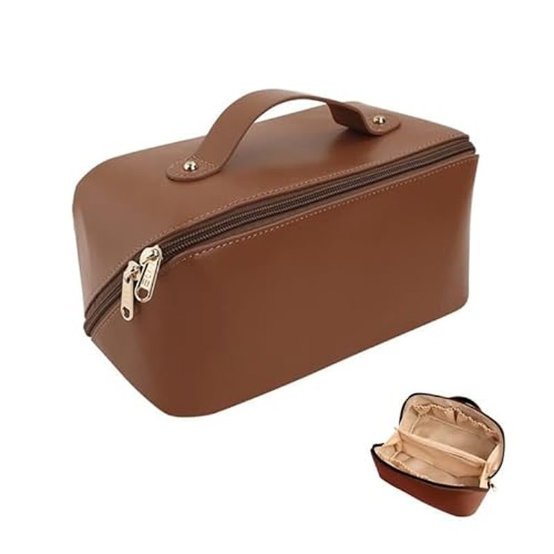 Large Capacity Waterproof Travel Cosmetic Bag - PU Leather - Brown Light