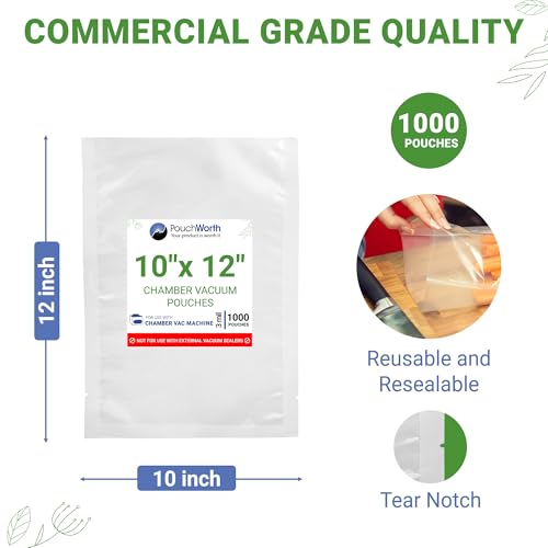 PouchWorth 1,000 Pack 10" x 12" 3 Mil Chamber Vacuum Bags - BPA-Free, Tear-Notch